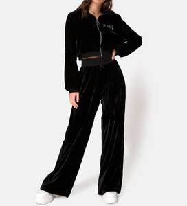 Conjunto de pantalones con cordón personalizado de 2 piezas para mujer, chándales recortados de alta calidad con cremallera y Sudadera con capucha y pantalones anchos, conjunto de terciopelo para mujer - Product Image 3