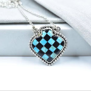 สร้อยคอเงินแท้สีเทอร์ควอยซ์และโอนิกซ์สีดำสายโซ่ปรับได้ทำด้วยมือ - Product Image 1