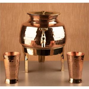 Juego de Dispensador de Agua de Cobre Martillado Premium, Tanque de Cobre Puro con Grifo de Latón y 2 Vasos, Almacenamiento de Agua Ayurvédico Tradicional - Product Image 1