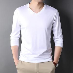 เสื้อยืดคอวีคอตตอนเข้ากับทุกชุดเสื้อตัวบนสำหรับผู้ชายแขนยาวผ้าทอลำลองสีพื้นคุณภาพสูง