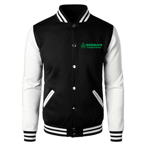 Veste universitaire personnalisée pour homme, noire et blanche, manches unies, boutonnée, décontractée, pour l'automne, avec broderie. - Product Image 1