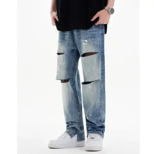 Pantalones vaqueros personalizados de alta calidad para hombre, pantalones cargo holgados de pierna ancha desgastados, técnica lavada, ropa de calle sólida para invierno - Product Image 3