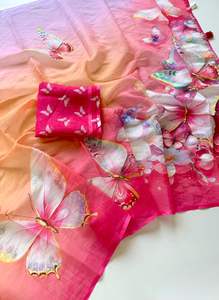 Sari de Lino para Uso Diario Femenino con Borde Dorado, Hermoso Sari Informal Tradicional Hecho en India - Product Image 6