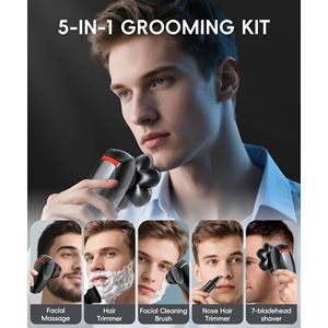 Kit de toilettage 5 en 1, rasoir électrique rotatif, rasoir pour la tête imperméable pour hommes chauves, utilisation humide/sèche avec écran LED, charge USB, lavable - Product Image 5
