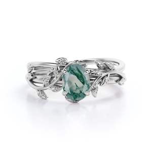 Anillo de promesa solitario clásico de Plata de Ley 925, anillo de bodas de rodio blanco moissanita de ágata de musgo de corte ovalado de 1 quilate grabado - Product Image 6