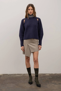 Pull en tricot bleu foncé avec découpes aux épaules, manches classiques, couleur unie, pull-over, mode automne pour femmes - Product Image 1