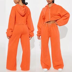 2026 Distressed Zip Hoodie Custom Logo Women's Winter Two-Piece <b>Sweatpants</b> Set 100% Cotton Eco-Friendly Joggers - Product Image 5