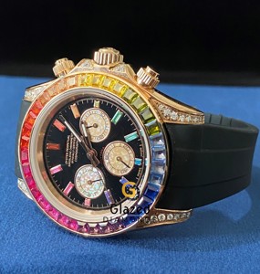Three Chronographs Rainbow Color Moissanite Diamond Mechanical <b>Watch</b> For <b>Men</b> With Black Rubber Strap - Product Image 4