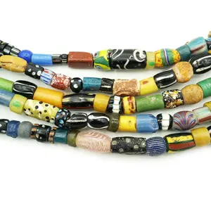 Mélange de perles vénitiennes antiques-jaune moutarde noir bleu 4mm 8mm 10mm perles de verre fabrication de bijoux vieux roi tribal perles vénitiennes - Product Image 1