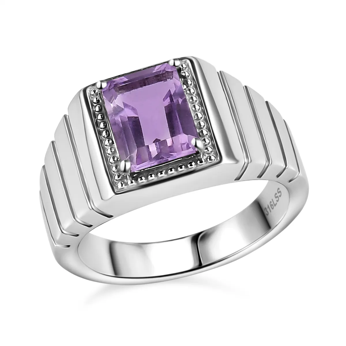 Rose De France Amethist Solitaire Heren Ring In Roestvrij Staal Groothandel Bulk Order Verkoop Hoge Kwaliteit Heren Ring