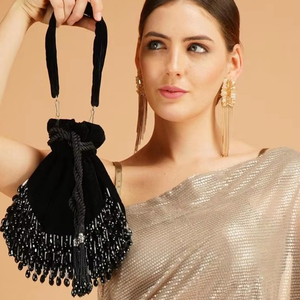 Bolsas POTLI de muñeca NEGRAS en TERCIOPELO CON BORLAS CON Cuentas de cristal, piedra, BORDADO de perlas para fiesta-desgaste/boda = 2025 - Product Image 1