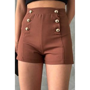 Topshow Women's Dark Brown Decorative Button Wholesale Shorts - Stylish Polyester Casual Summer Wear - Product Image 1