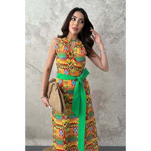 Robe jaune à motifs ethniques avec ceinture - Jaune - Product Image 4