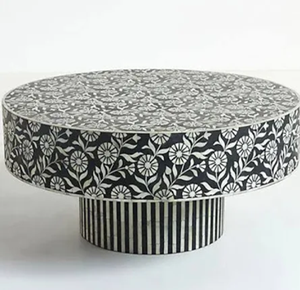 Llamativa mesa de centro con incrustaciones de hueso negro con un diseño floral y lineal blanco Elegante consola de mesa de té a precio de fábrica mayorista - Product Image 3