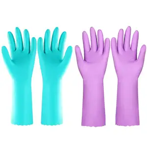 洗碗清洁手套无乳胶棉衬里厨房手套2双紫蓝色