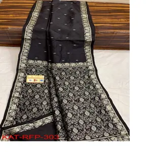 Op Maat Gemaakte Brokaat Zijden Sari 'S In Zwarte Kleur En Randen Ideaal Voor Saree-Winkels En Modeontwerper In Etnisch Indiaas Design