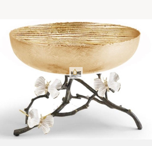 Cuenco redondo chapado en oro de aluminio de calidad y diseño exclusivo con base y atractivo cuenco de diseñador de flores para servir y decorar - Product Image 3