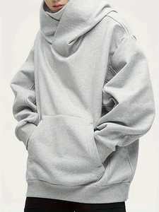 Light <b>Grey</b> Oversized Hoodies <b>Men</b> Heavyweight Fleece Pullover Streetwear Hooded <b>Sweatshirt</b> with Face Cover Custom Logo Winter - Product Image 4