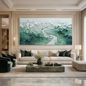 Tableau sur toile Paysage alpin texturé en impasto avec rivière, cadre doré, style contemporain, décoration intérieure - Product Image 3