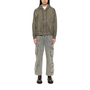 Sweat à capuche streetwear décontracté à manches longues pour homme, style vintage, double fermeture éclair, délavé et vieilli - Product Image 6