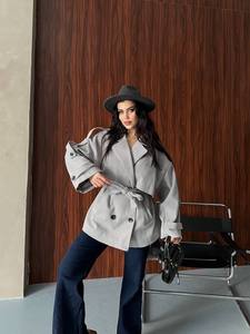 Manteau Trench Décontracté Gris Élégant à Double Boutonnage avec Ceinture, Manches Longues, Col Chemise, en Polyester/Coton, Coupe-Vent, Idéal pour l'Automne - Product Image 1