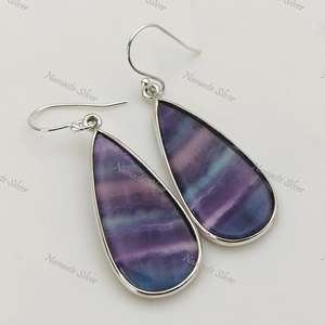 Boucles d'oreilles pendantes en argent sterling 925 avec fluorite, bijoux bohèmes uniques faits à la main, forme poire, fluorite naturelle, tendance et originales - Product Image 5