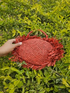 Small Red Bohemian Casual Raffia Crochet Minibag <b>with</b> <b>Fringe</b> and Braided Handles-Open <b>Top</b> - Product Image 2