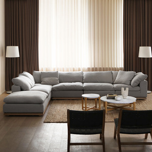French <b>Cream</b> Linen Fabric Modern <b>Set</b> Corner <b>Sofa</b> Unwashed Solid Wood Frame Apartment Hotel Use Mail - Product Image 1