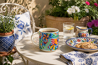 Set Cangkir Kopi Espresso 6 Buah dari Bone China Baru yang Tahan Lama, 10 cl (3.4 fl oz), Desain Bunga Bohemian Warna-warni, Bunga Meksiko Excelsa