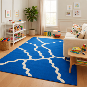 Tapis moderne tufté à la main pour enfants - Motif abstrait bleu et blanc en laine/soie, résistant aux animaux domestiques, idéal pour salle de jeux, salon, prière - Product Image 1