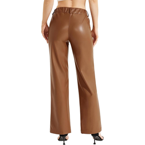 OEM Design Women's Lightweight Leather Breathable Pants Straight Wide Leg Baggy <b>Trousers</b> Front Flat Button Fly Mid Custom - Product Image 3