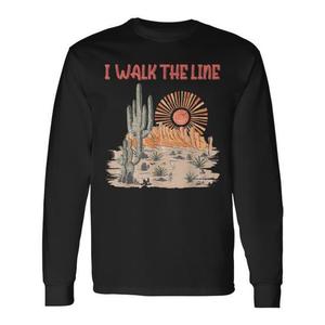T-shirt a maniche lunghe I Walk The Line Cactus Desert Sunset in stile Western Rodeo - Product Image 1