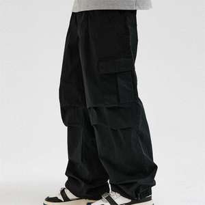 Custom <b>Men's</b> Loose Solid Color Polyester Cargo Pants with Double <b>Pleats</b> & Pocket Design Wholesale Spring Autumn Wide Leg Pants - Product Image 3