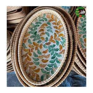 Plateau en mosaïque de rotin, plateau de service en nacre mélangée pour la décoration d'hôtel, plateau de service rond en rotin tissé à la main pour la cuisine - Product Image 4
