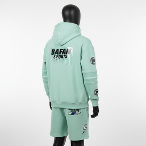 Conjunto de sudadera con capucha y pantalones cortos para hombre, premium, 320 GSM, algodón y poliéster, color verde menta, con logo personalizado impreso. - Product Image 5