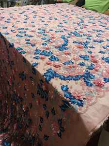 Tissu en dentelle florale multicolore en tulle tissé uni, motif fleur de prunier frais d'été, broderie perlée à la main - Product Image 4