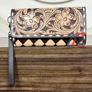 Handcrafted Genuine Cowhide Leather Wristlet <b>Wallet</b> Clutch Floral Tooled Woven Design Purse with Zipper and <b>Card</b> Slots for <b>Women</b> - Product Image 1