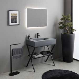 Meuble de salle de bain autoportant en céramique de 80 cm avec lavabo gris et miroir LED, style minimaliste, facile à installer, ensemble de salle de bain haut de gamme - Product Image 1