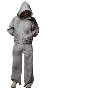 กางเกงวอร์มทรงหลวมแบบโอเวอร์ไซส์สำหรับผู้ชาย ผ้าคอตตอน 100% ล้างสีแบบเอซิดฟอกสีซีดจาง สไตล์แบ็กกี้ พร้อมซิป  รับผลิตตามสั่งขายส่ง - Product Image 5