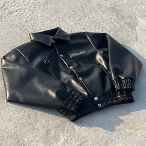 Veste universitaire en cuir véritable noir brodée de haute qualité sur mesure pour hommes, taille plus - Product Image 3