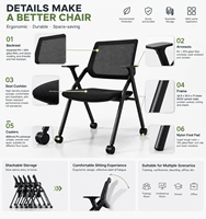 Chaise de formation mobile à dossier en maille avec structure PA+GF et roulettes en PU pour bureau, salle de formation, salle de classe