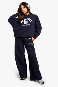100% Cotton Navy <b>Women's</b> Wide Leg Embroidered Joggers Terry <b>Fleece</b> Soft Touch Fabric <b>Women</b> Sweatpants <b>Women's</b> <b>Pants</b> And Trouser - Product Image 2