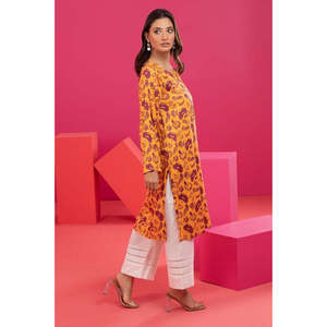 Vestido Casual Holgado de Manga Larga con Cuello Redondo, Estampado Floral y Cola, de Algodón y Fibra de Bambú Naranja para Mujer - Product Image 3