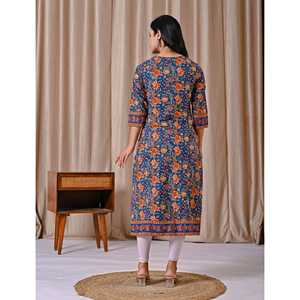 Kurti Recto de Algodón Estampado con Bloques Blue Jaal, Vestido Largo Elegante e Informal, Natural y Transpirable, ODM para el Día de San Valentín - Product Image 6