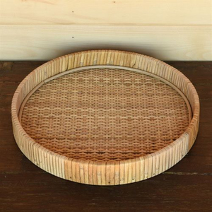Elegant <b>Round</b> Rattan <b>Serving</b> <b>Tray</b> Handcrafted Natural Woven Wooden Base For Kitchen Dining And Home Decor - Product Image 1