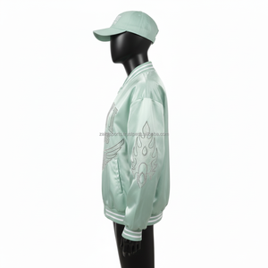 Chaqueta de Satén Premium para Mujer, 190 GSM, Color Verde Menta Brillante, con Logotipo Personalizado de Pedrería y Paneles Estilo Bomber, Chaquetas de Satén para Mujer - Product Image 3