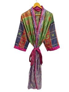 Túnica India Floral Seda Sari Kimono Vintage Sari Robe Suave Playa Fiesta Vestido Indio Hecho A Mano Seda Kimono - Product Image 2