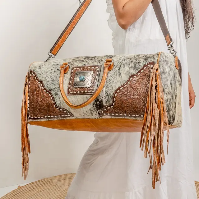 Cowhide Duffle Bag Genuine Leather Tooled Fringe Western Style Boho Girl Weekender Travel Gift Bag Women