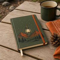 Carnet de camping LABON personnalisé, couverture rigide vert forêt, avec lanterne lumineuse, motif Montagnes Cuivrées et Étoiles Crème