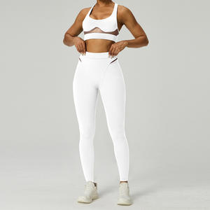 Ensemble de soutien-gorge de sport en maille pour femmes et pantalon de yoga taille haute respirant couleur unie manches courtes logo avant tenue de fitness pour la salle de sport la course à pied - Product Image 5